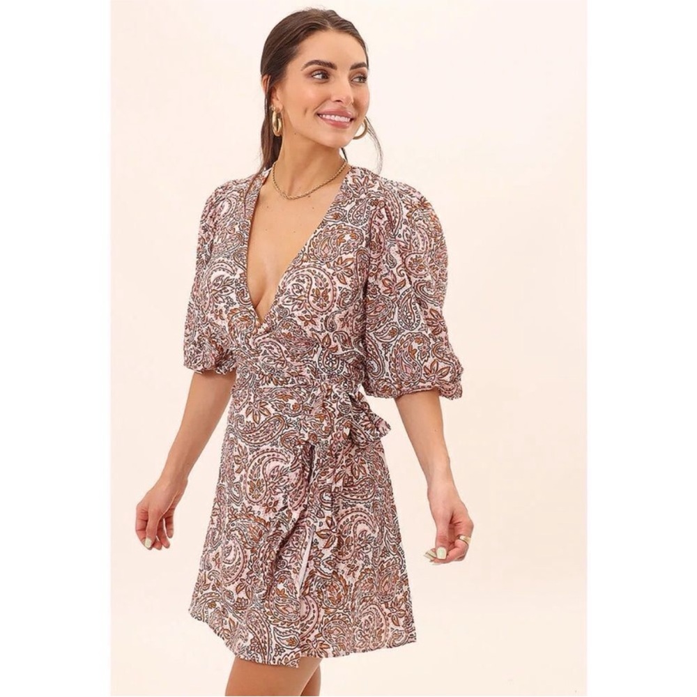MINKPINK Brown Pink Wrap Mini Dress Puff Sleeve
